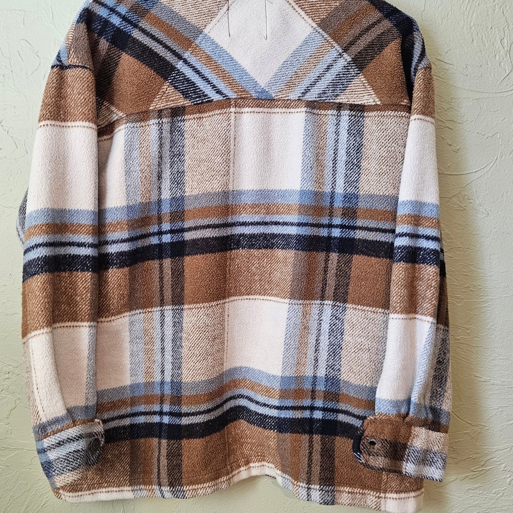 RSQ Womens Shirt Jacket Plaid Flannel Button Up M Tan Blue - Picture 2 of 5